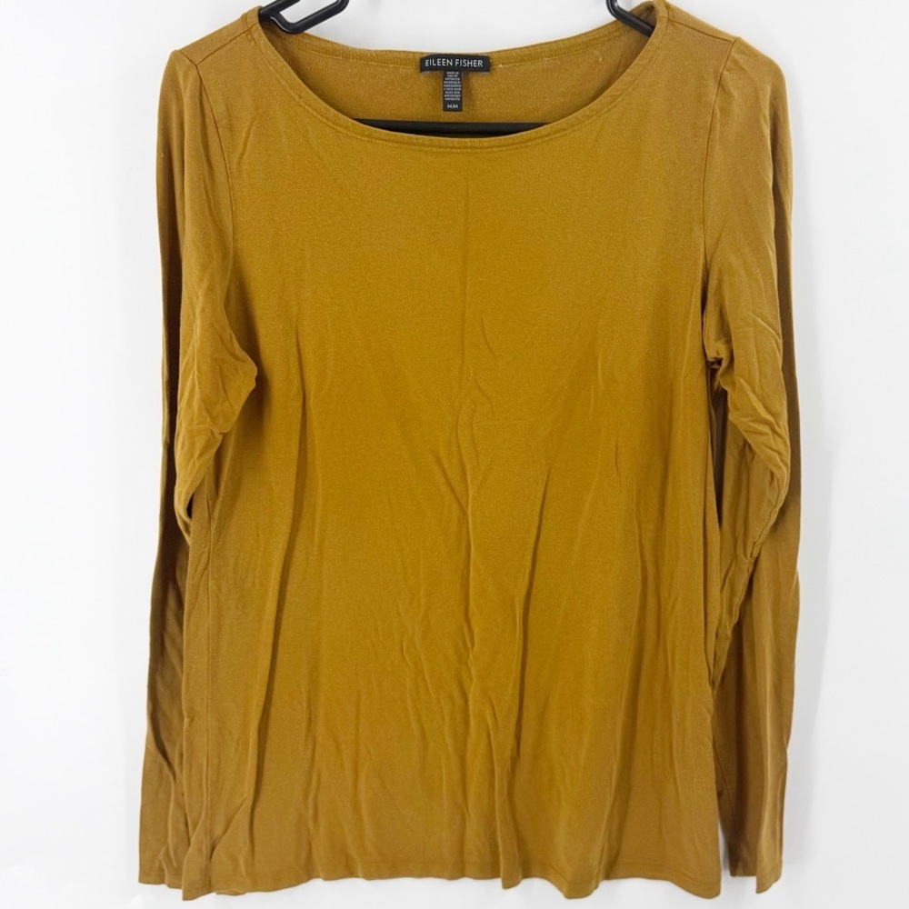 ✅ EILEEN‎ FISHER Stretch Jersey Knit Crew Neck Long Top IN MUSTARD SIZE MEDIUM